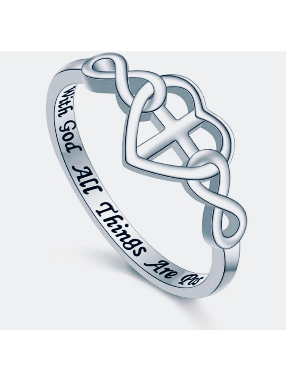 New - Silver Fashion Cross Heart Inspirational Ring - Size 7